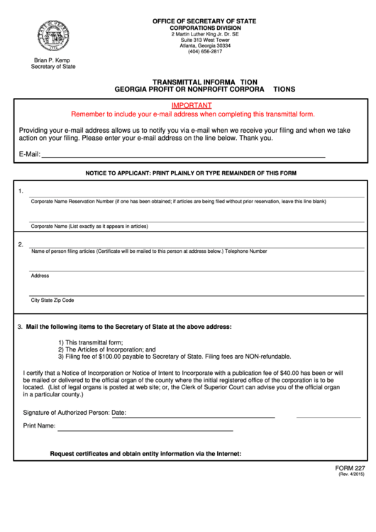 Fillable Form-227 - Transmittal Information Georgia Profit Or Nonprofit Corporations Printable pdf