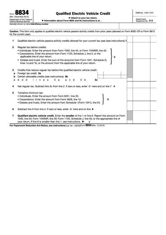 Fillable Form 8834 - Qualified Electric Vehicle Credit - 2013 Printable pdf