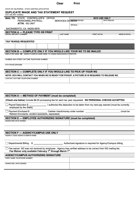 Fillable Duplicate W-2 Request Form Printable pdf