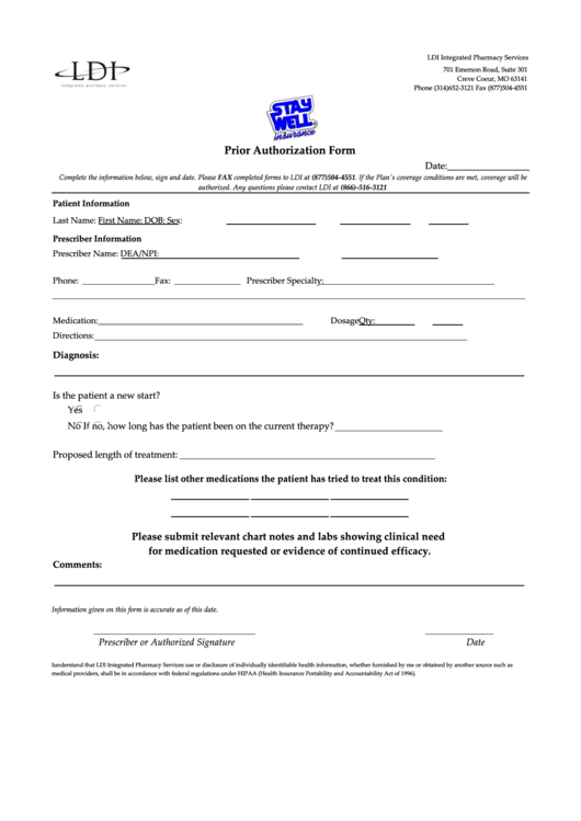 Fillable Prior Authorization Form Printable pdf