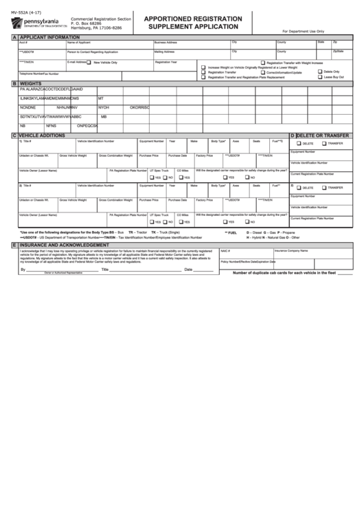 Fillable Form Mv-552a - Apportioned Registration Supplement Application Printable pdf