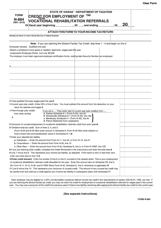 Fillable Form N-884- Credit For Employment Of Vocational Rehabilitation Referrals - 2016 Printable pdf