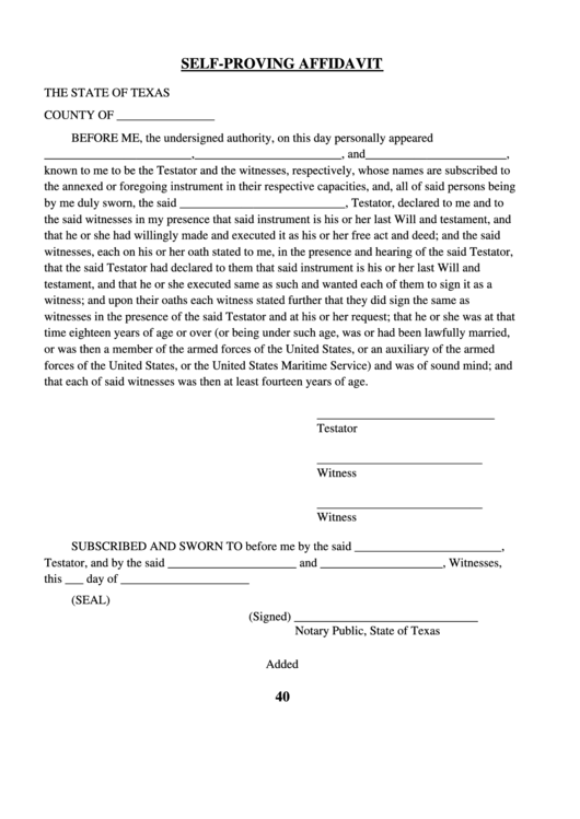 Self-Proving Affidavit - The State Of Texas Printable pdf