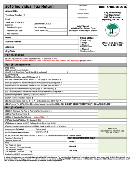 2015 Individual Tax Return - Wyoming Printable pdf
