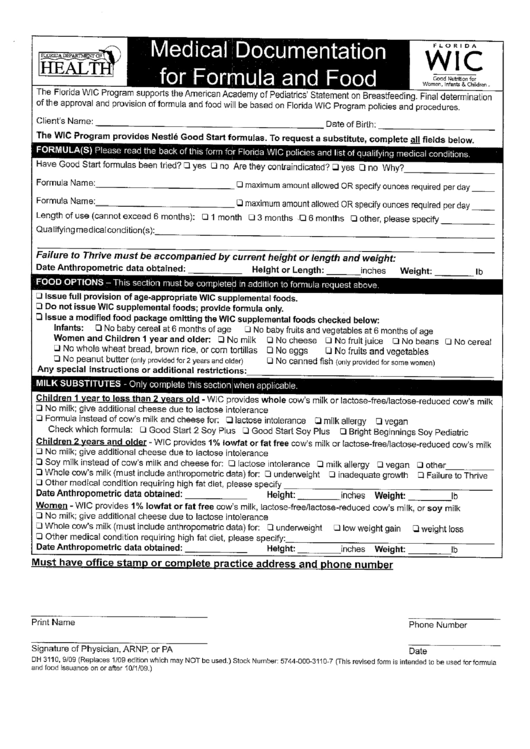Dh 3110 - Medical Documentation For Formula And Food - Florida Wic Printable pdf