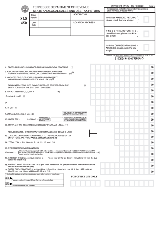 Form Sls 450 - Sales And Use Tax Return - 2013 Printable pdf