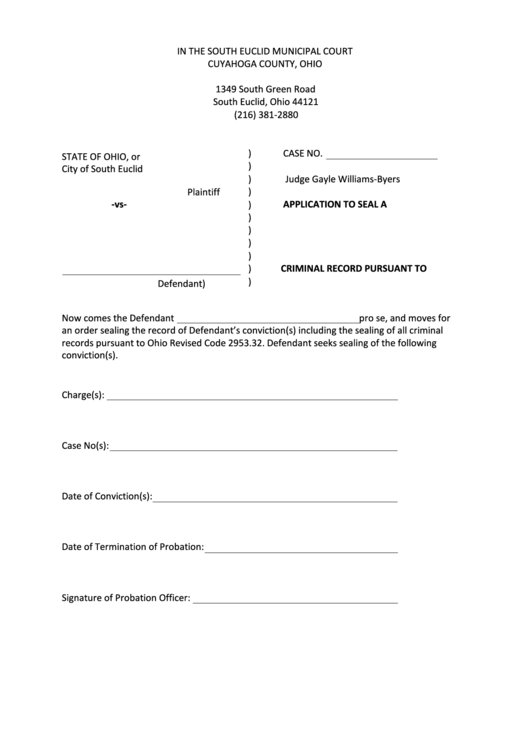 Fillable Application To Seal A Criminal Record Pursuant Printable pdf