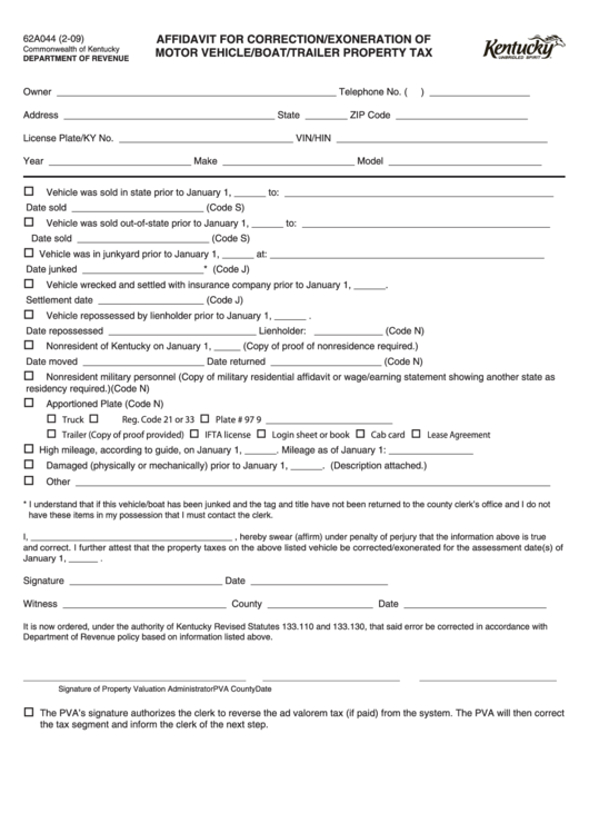 Fillable Form 62a044 - Affidavit For Correction/exoneration Of Motor Vehicle/boat/trailer Property Tax Printable pdf