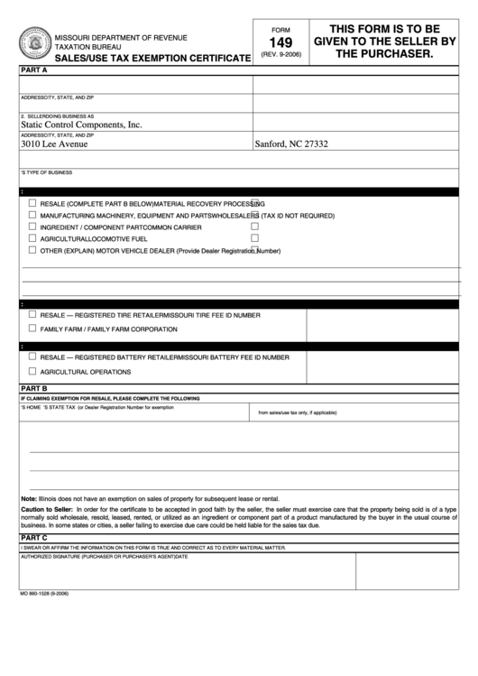 Fillable Form 149, 2006, Sales/use Tax Exemption Certificate Printable pdf