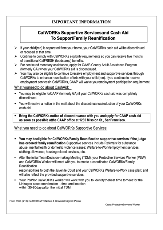 Form 8102, 2011, Request For Calworks/family Reunification Services Printable pdf