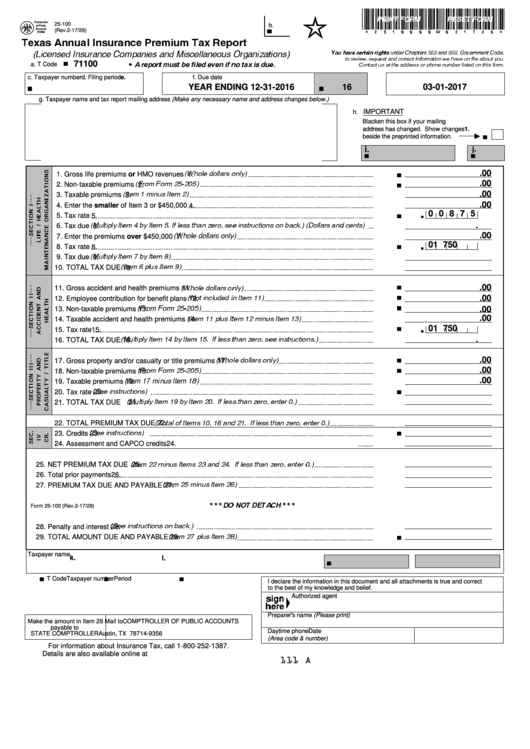 Fillable Form 25-100 - Texas Annual Insurance Premium Tax Report - 2016-2017 Printable pdf