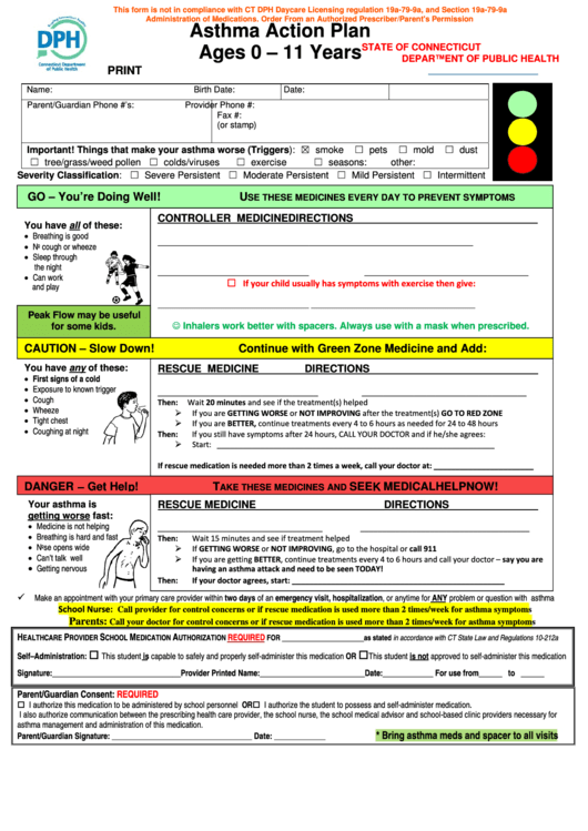 Fillable Asthma Action Plan Ages 0 - 11 Years Printable pdf