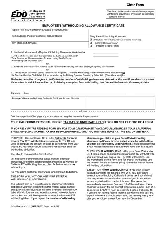 Fillable Employee'S Withholding Allowance Certificate Template