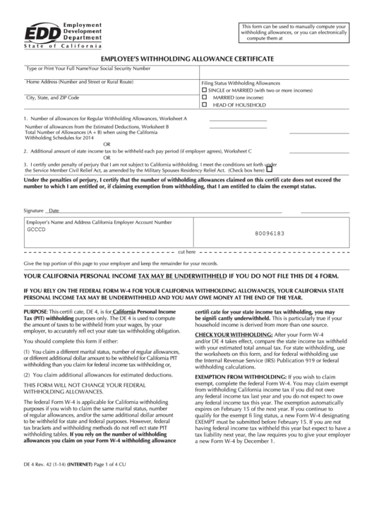 fillable-form-de-4-2014-employee-s-withholding-allowance-certificate-printable-pdf-download