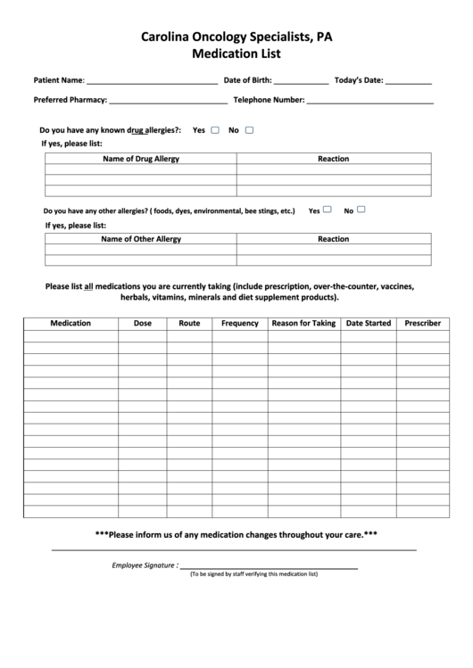Medication List Form Printable pdf