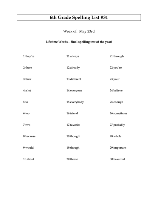 6th Grade Spelling List Printable pdf