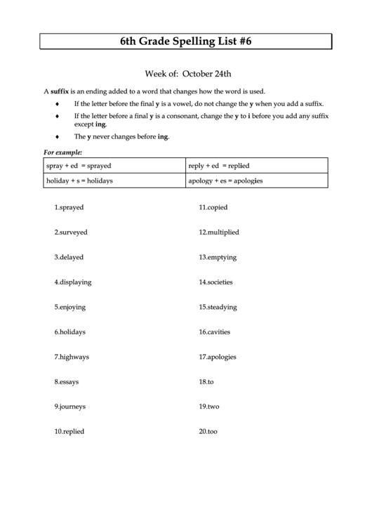 6th Grade Spelling List 6 Printable pdf