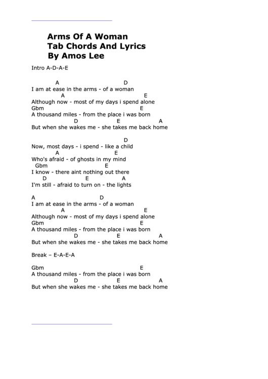 Arms Of A Woman - Tab Chords And Lyrics - By Amos Lee - Key A-D-A-E Printable pdf