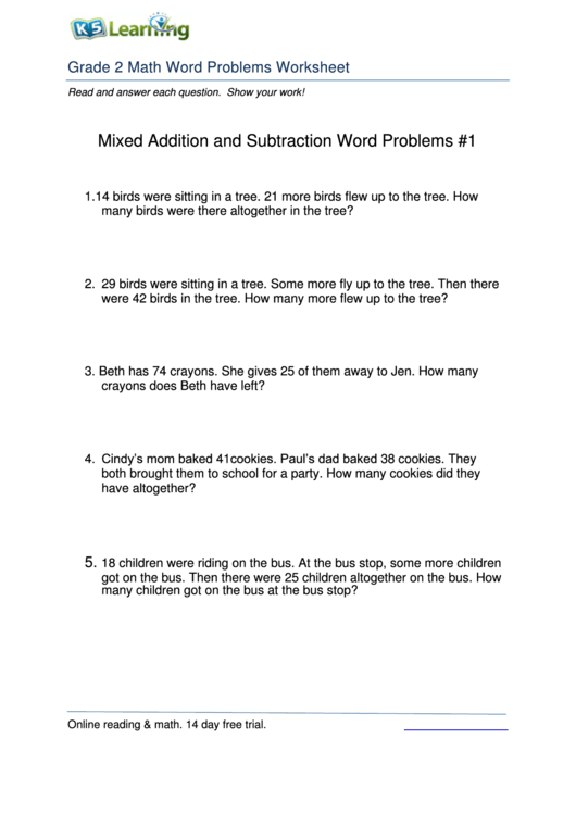 Grade 2 Math Word Problems Worksheet Printable pdf