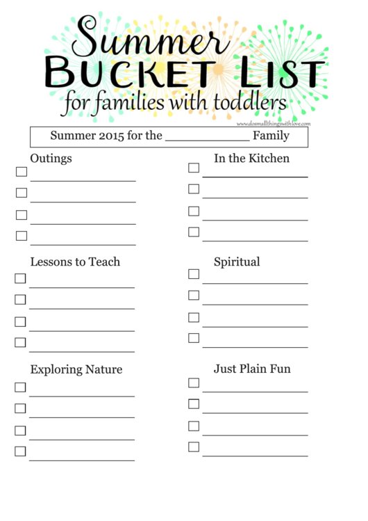 Summer Bucket List Template For Families With Toddlers Printable pdf