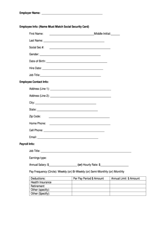 Employee Info Form Printable pdf