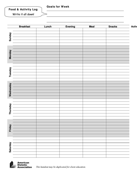Weekly Food & Activity Log Printable pdf