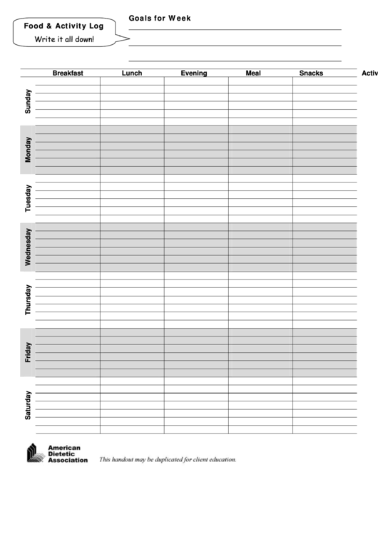 Weekly Food Activity Log Printable Pdf Download