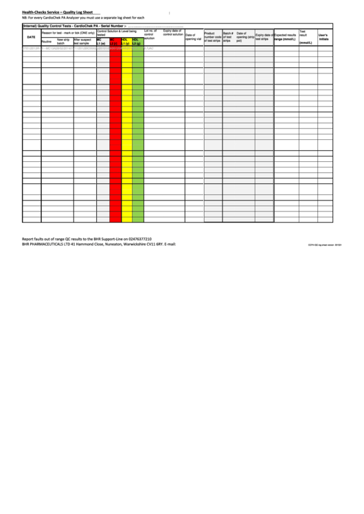 HealthChecks Service Quality Log Sheet printable pdf download