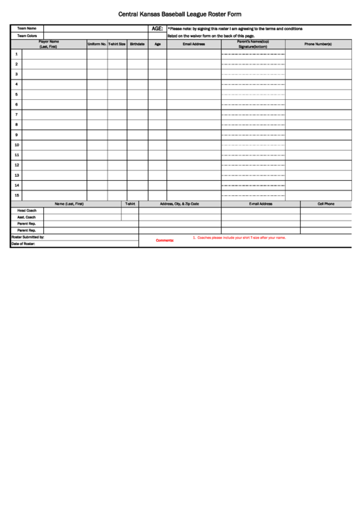 Central Kansas Baseball League Roster Form Printable pdf