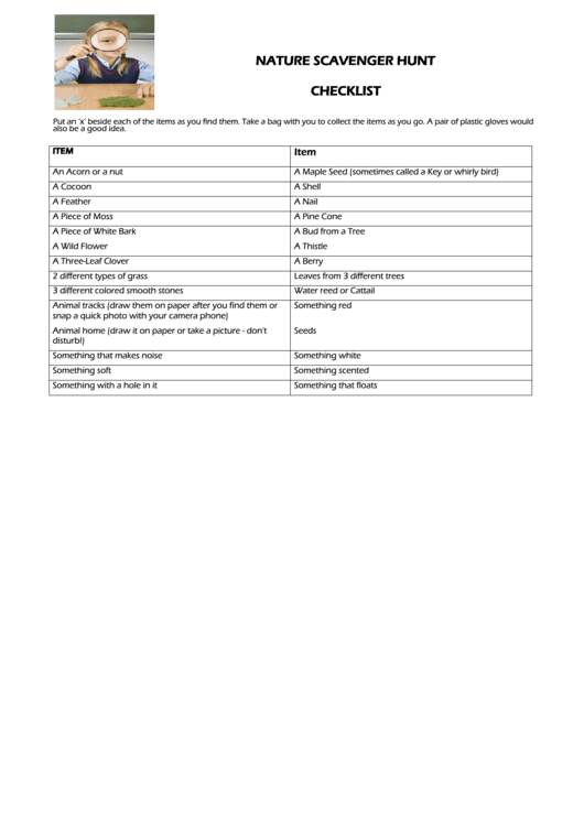 Nature Scavenger Hunt Checklist Printable pdf