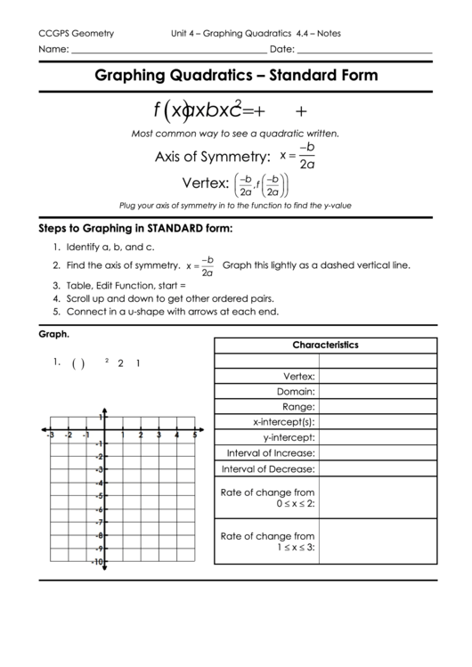 Graphing Quadratics - Standard Form Printable pdf