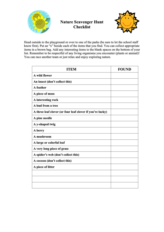 Nature Scavenger Hunt Checklist Printable pdf