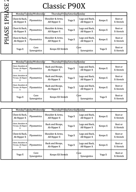 Classic P90x Workout Schedule printable pdf download