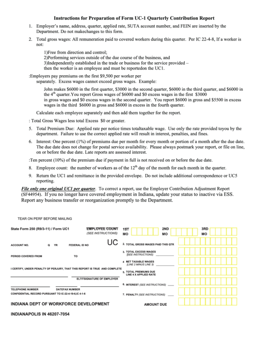 State Form 250 / Form Uc1 Quarterly Contribution Report printable pdf