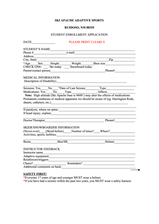 Student Enrollment Application Form Printable pdf