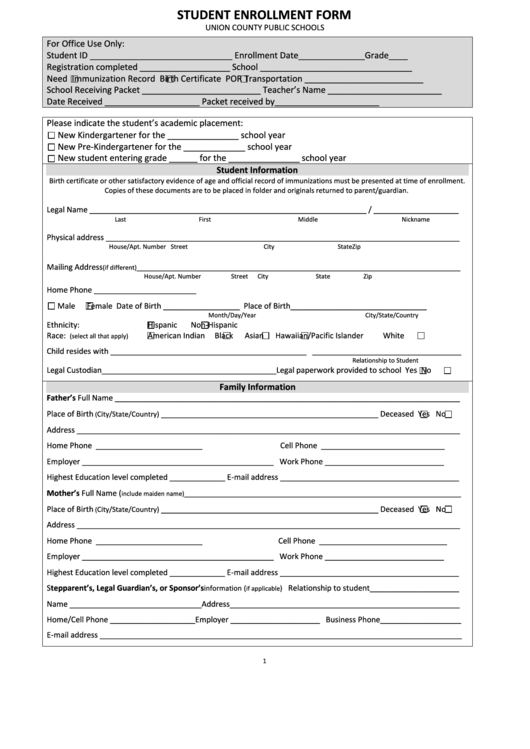 Student Enrollment Form Printable pdf