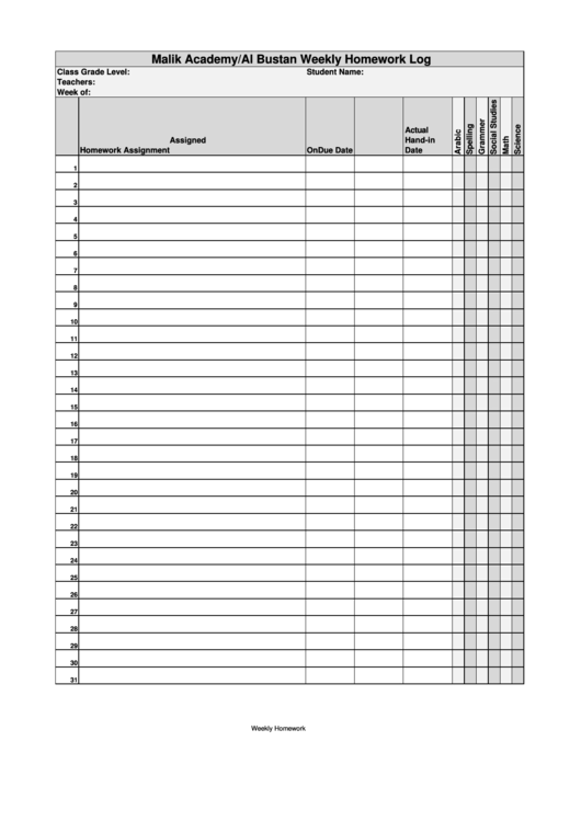Sample Weekly Homework Log Template Printable pdf