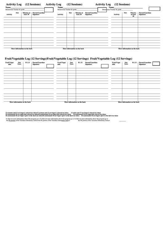 Fitness Activity Log (12 Sessions) Printable pdf