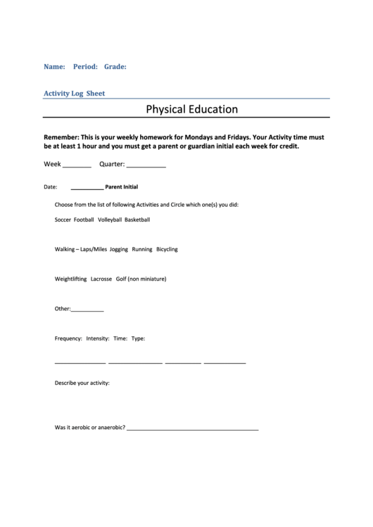 Physical Education Activity Log Printable pdf