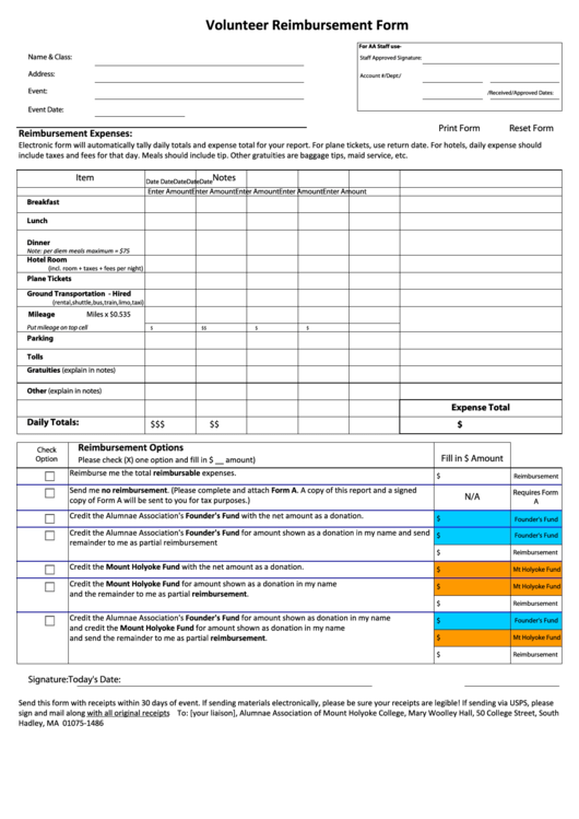 Fillable Volunteer Reimbursement Form Printable pdf