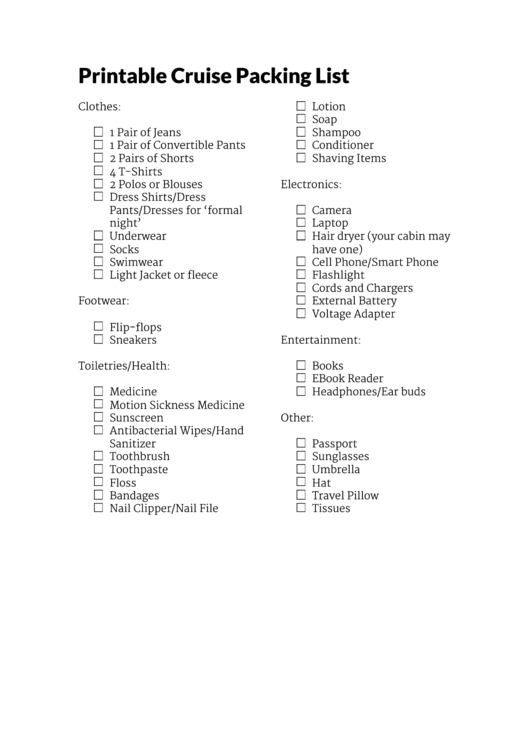 Cruise Packing List Template