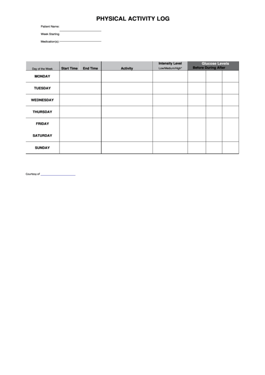 Physical Activity Log Sheet Printable pdf