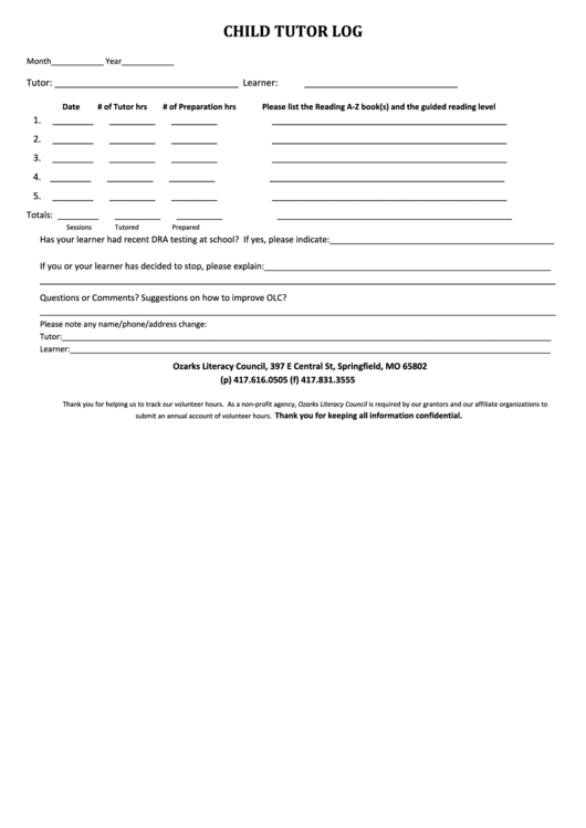 Fillable Child Tutor Log Template Printable pdf