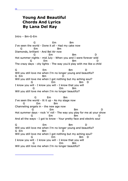 Young And Beautiful - Lana Del Ray Printable pdf