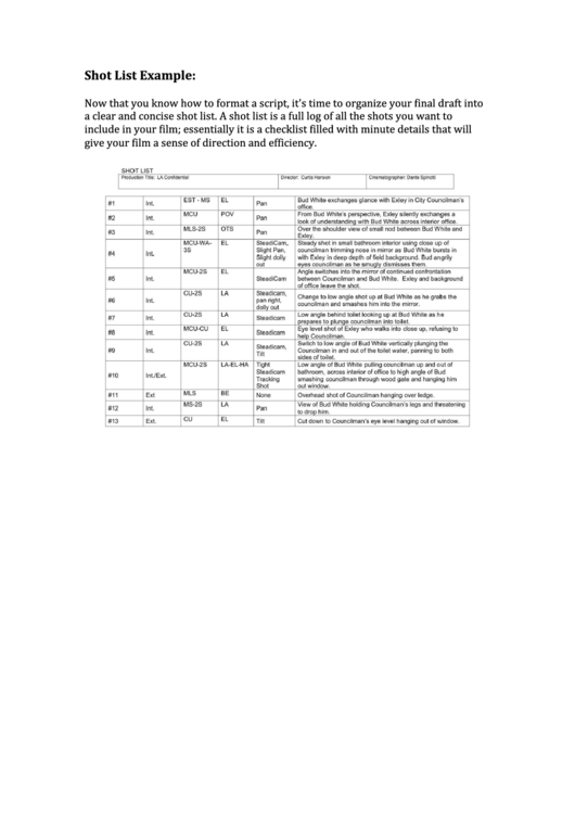 Shot List Example Printable pdf
