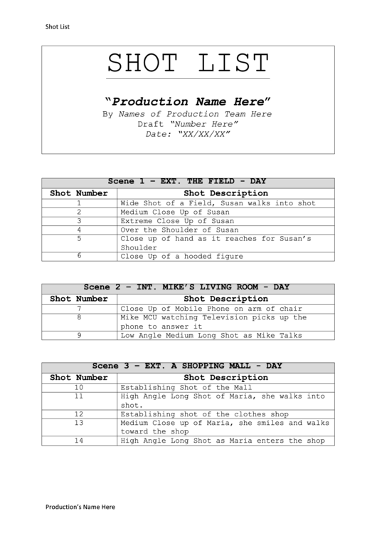 Example Shot List Template Printable pdf