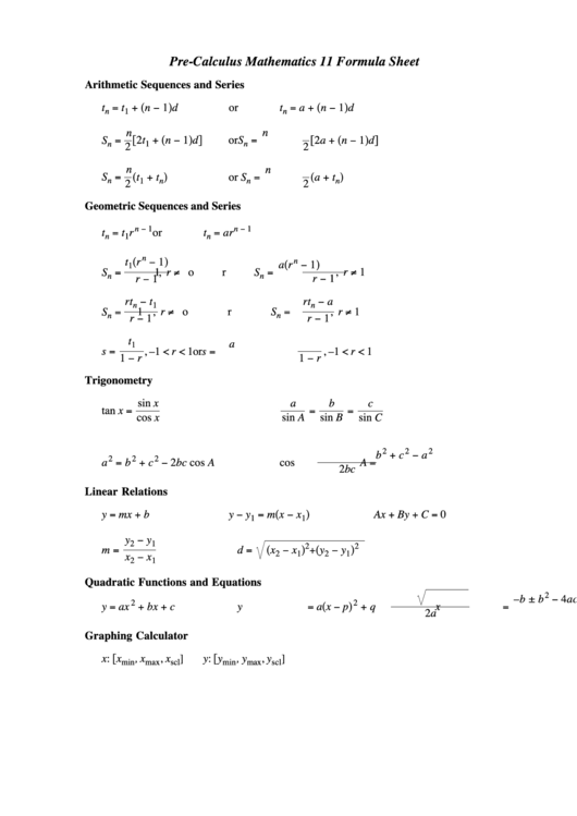 Pre-Calculus Mathematics 11 Formula Sheet Printable pdf