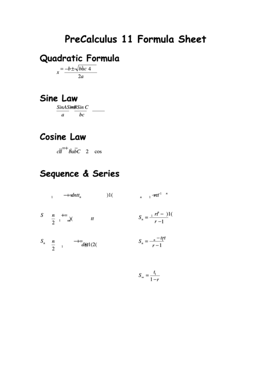 Precalculus 11 Formula Sheet Printable pdf