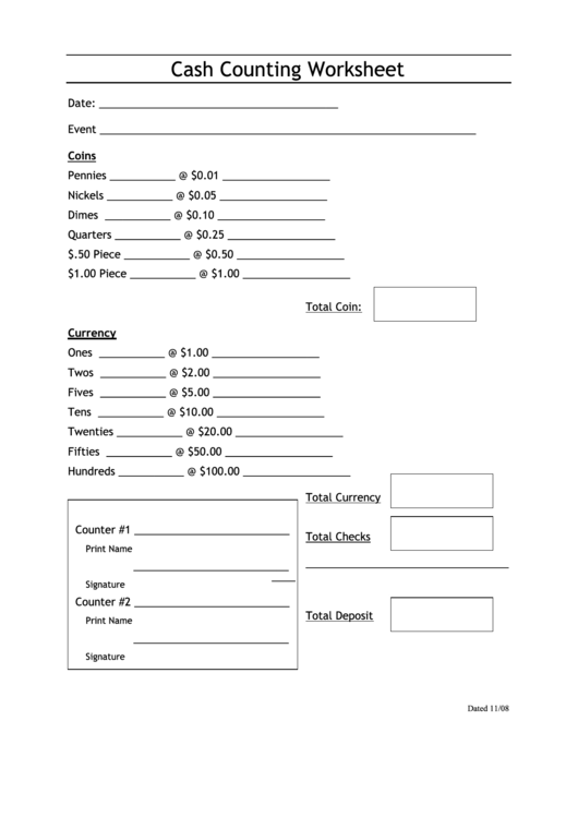 Cash Counting Worksheet