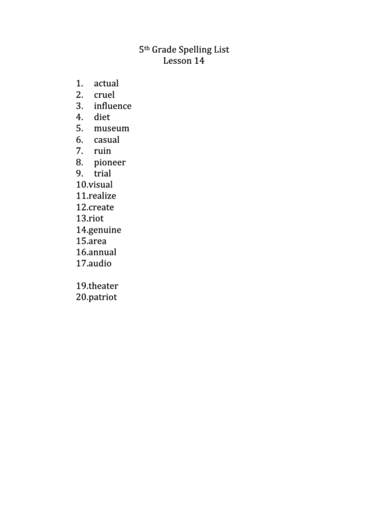 5th Grade Spelling List Printable pdf